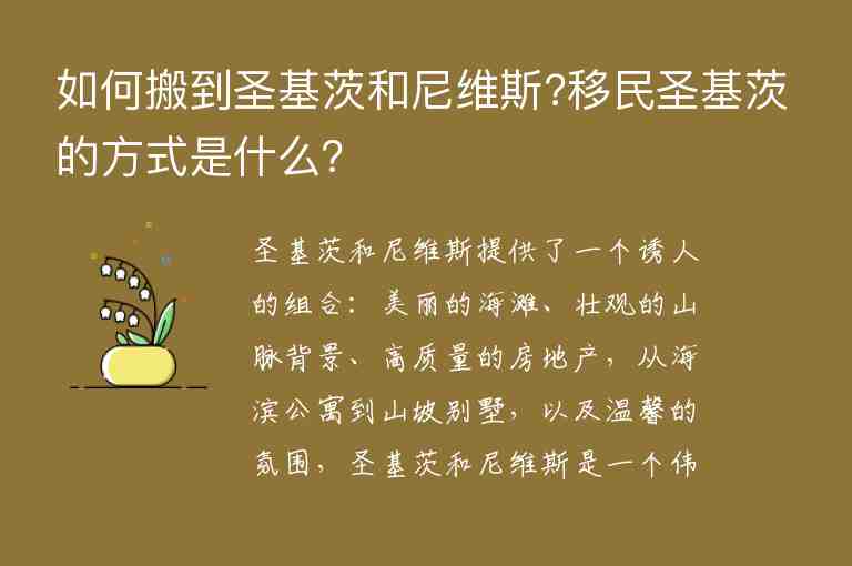 如何搬到圣基茨和尼維斯?移民圣基茨的方式是什么？